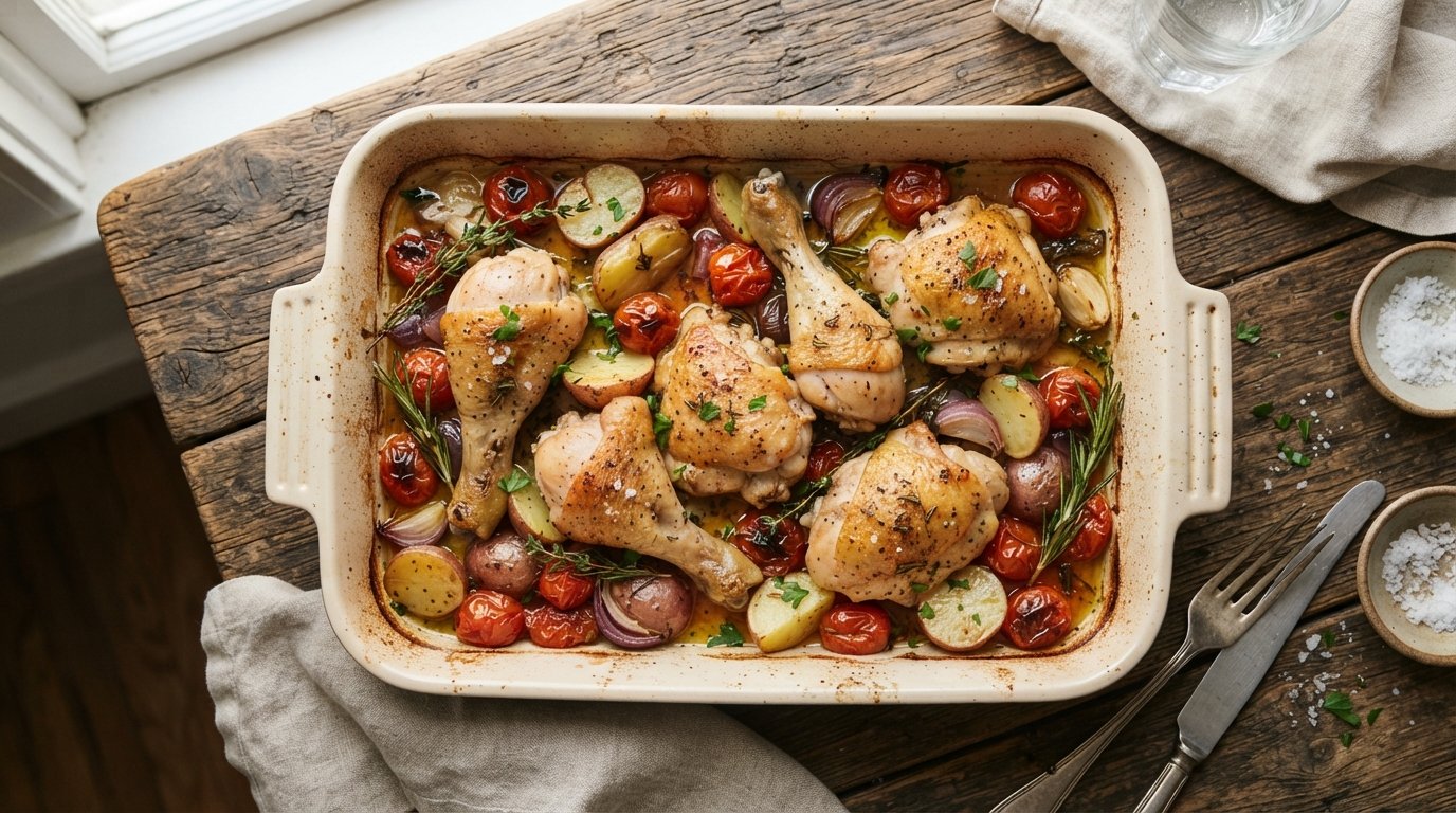Baked Chicken Legs with Potatoes and Tomatoes