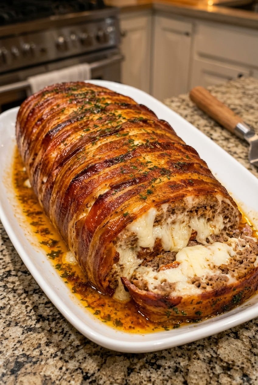 Cheesy Bacon Wrapped Stuffed Meatloaf